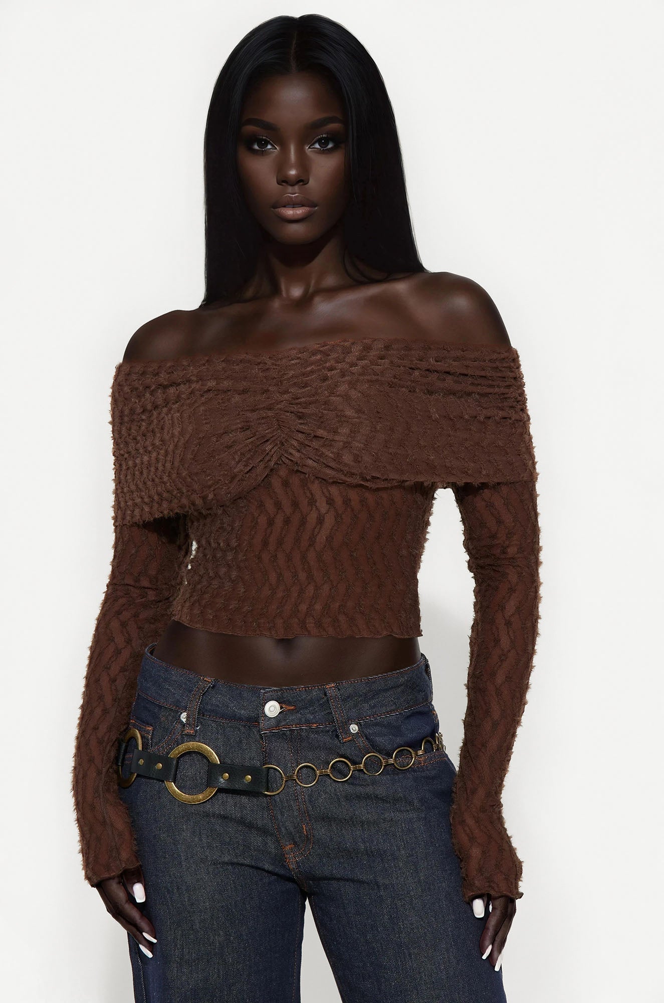 Minerva Off Shoulder Long Sleeve Top - Chocolate