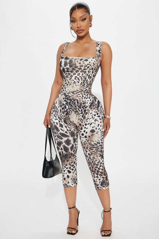 Seductive Mode Leopard Print Capri Jumpsuit - Brown/combo