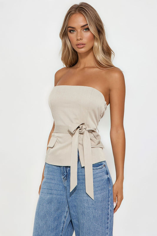 Work Behavior Tie Front Tube Top - Taupe