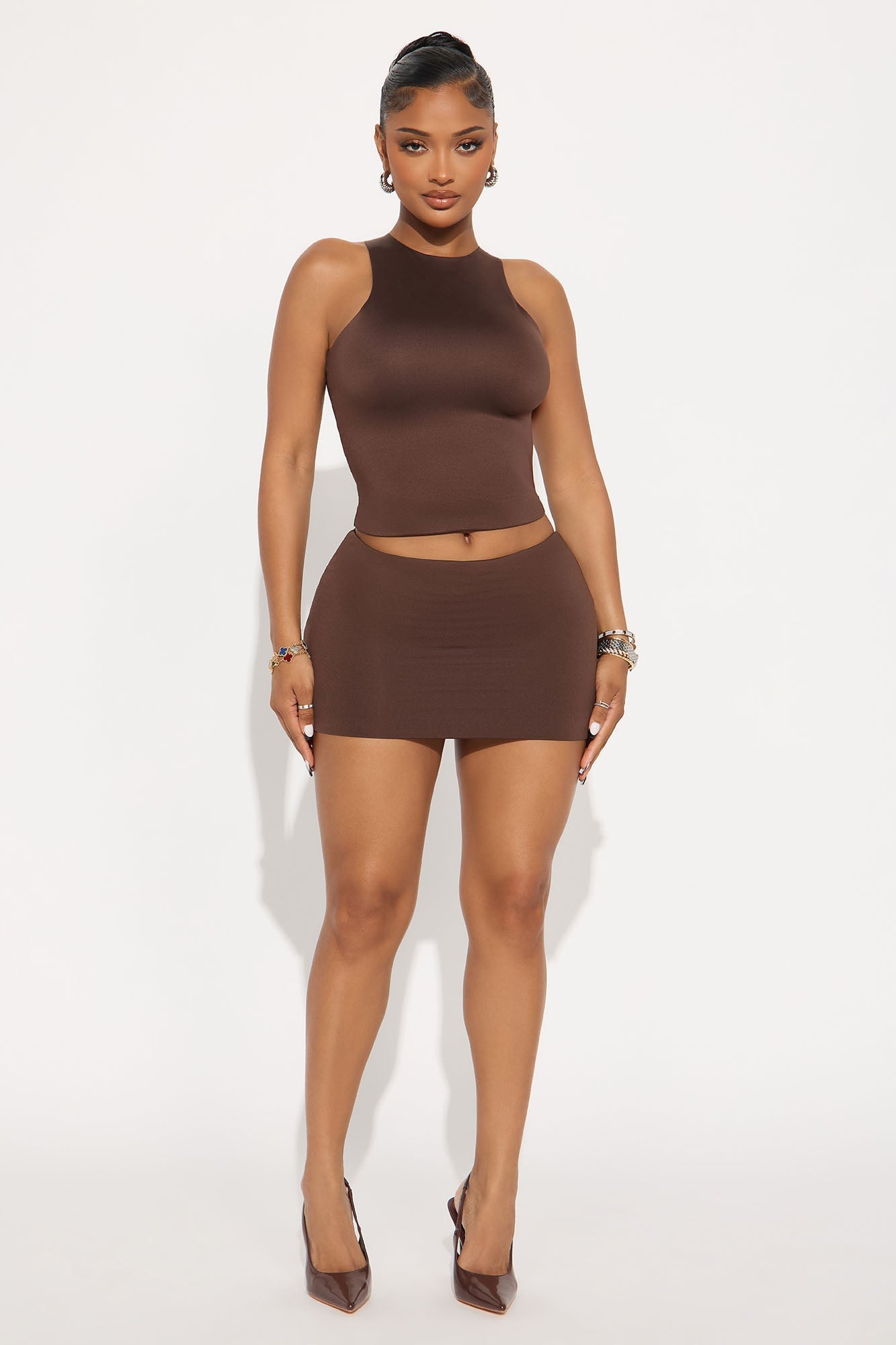 Contour Double Lined High Neck Tank Top - Chocolate