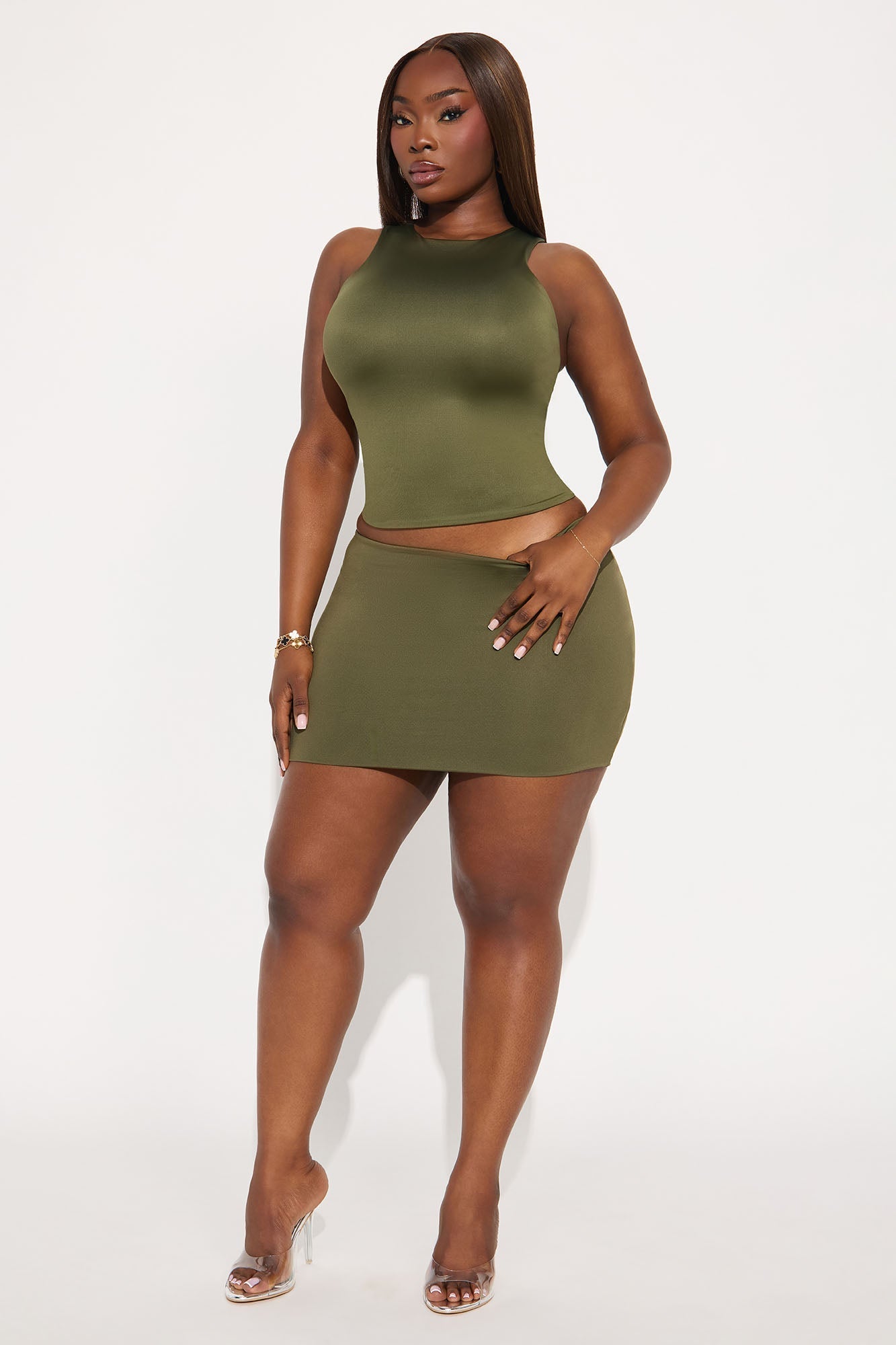 Contour Double Lined High Neck Tank Top - Military Green