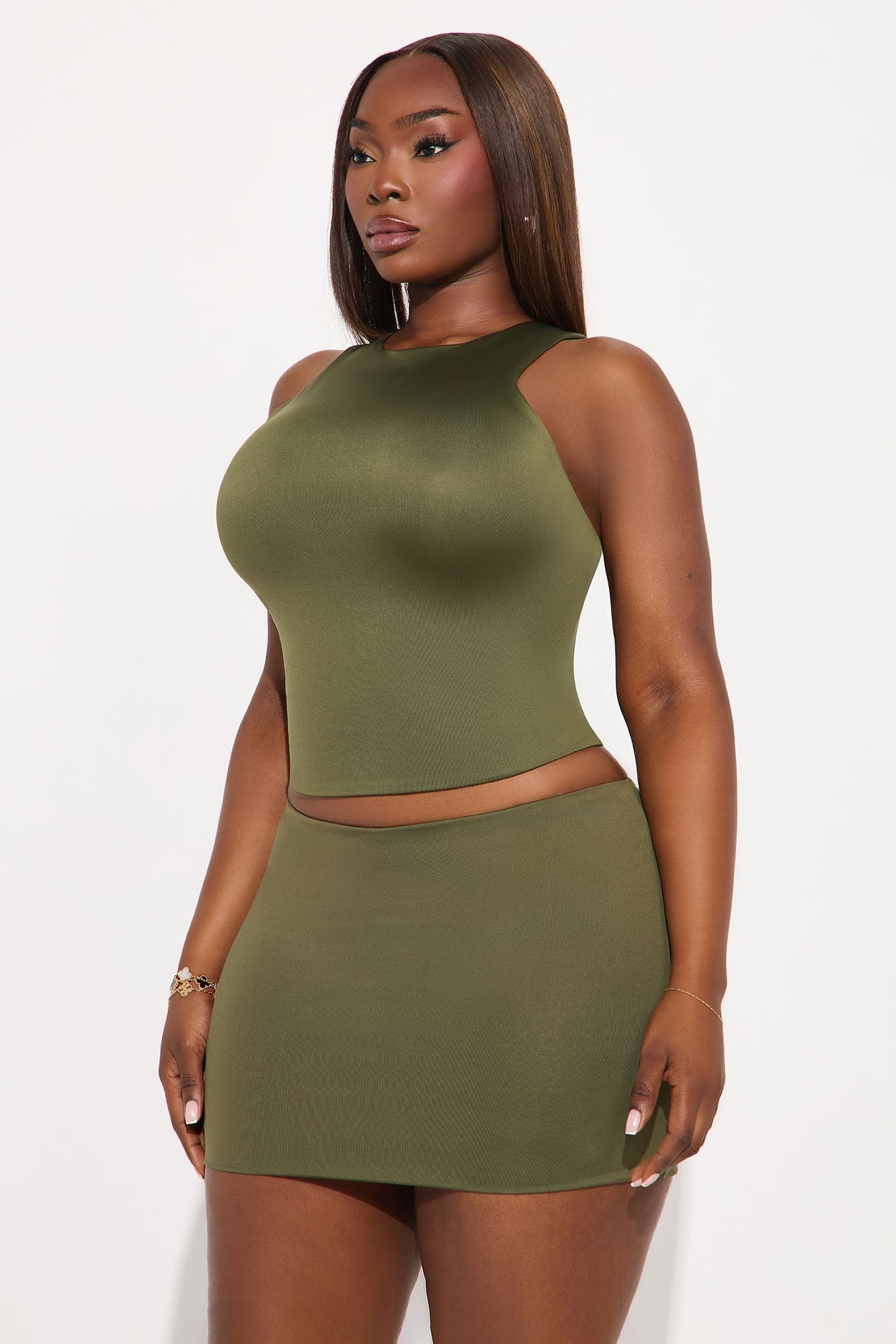 Contour Double Lined High Neck Tank Top - Military Green