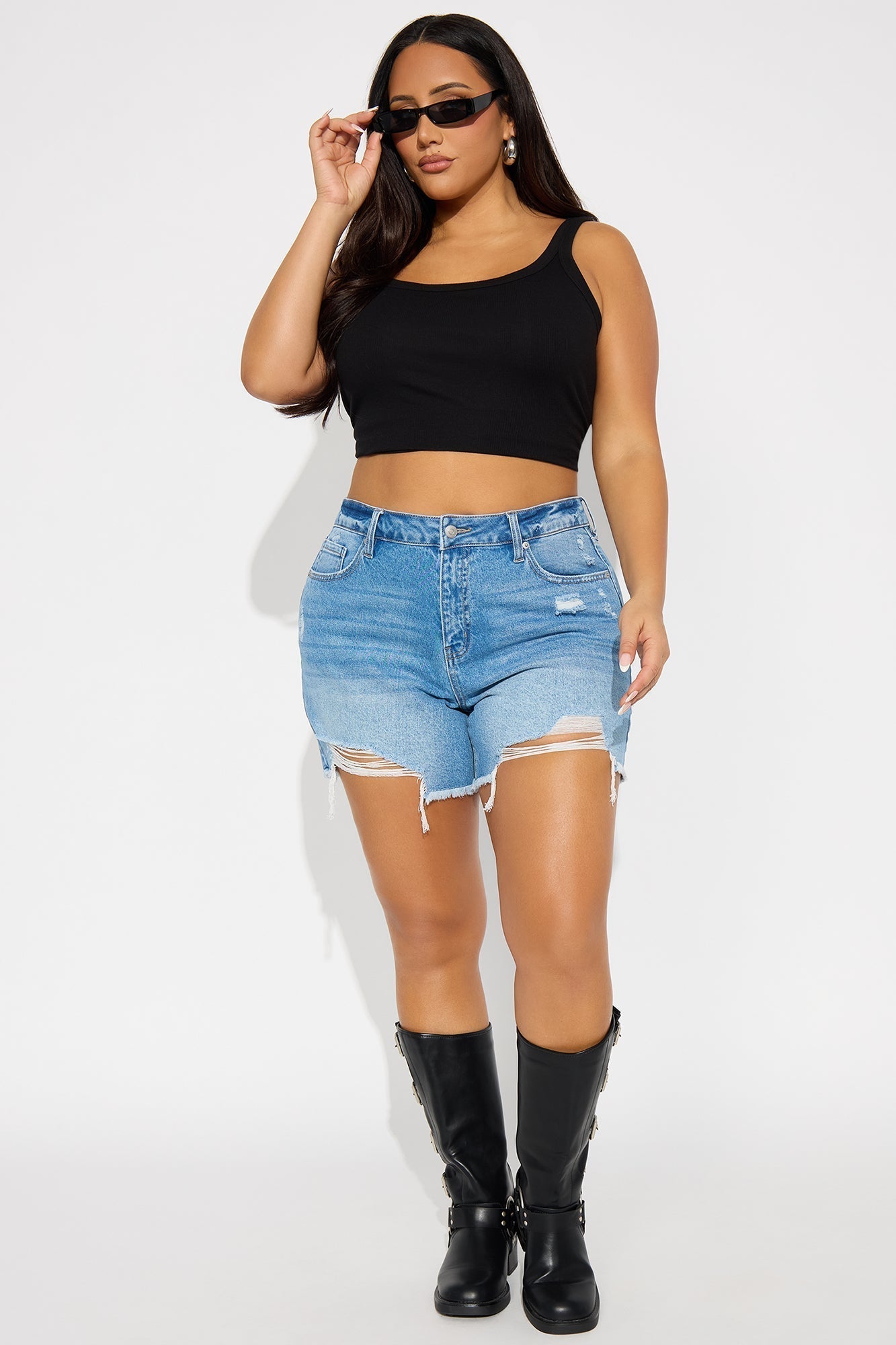 Hallie Hybrid Ripped Denim Shorts - Medium Wash