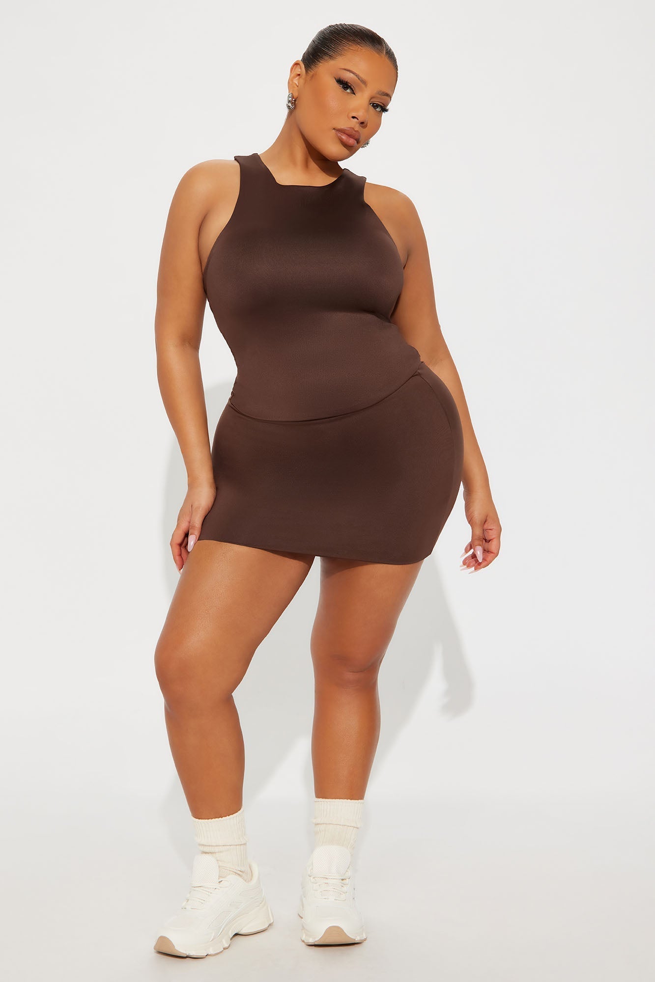 Contour Double Lined High Neck Tank Top - Chocolate