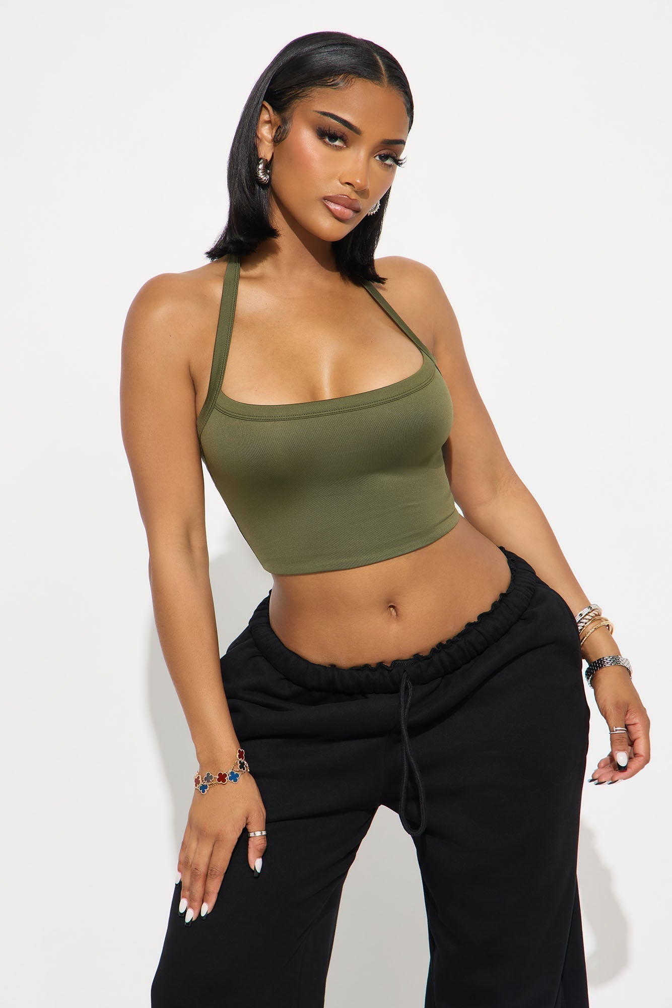 Contour Double Lined Cropped Halter Top - Military Green