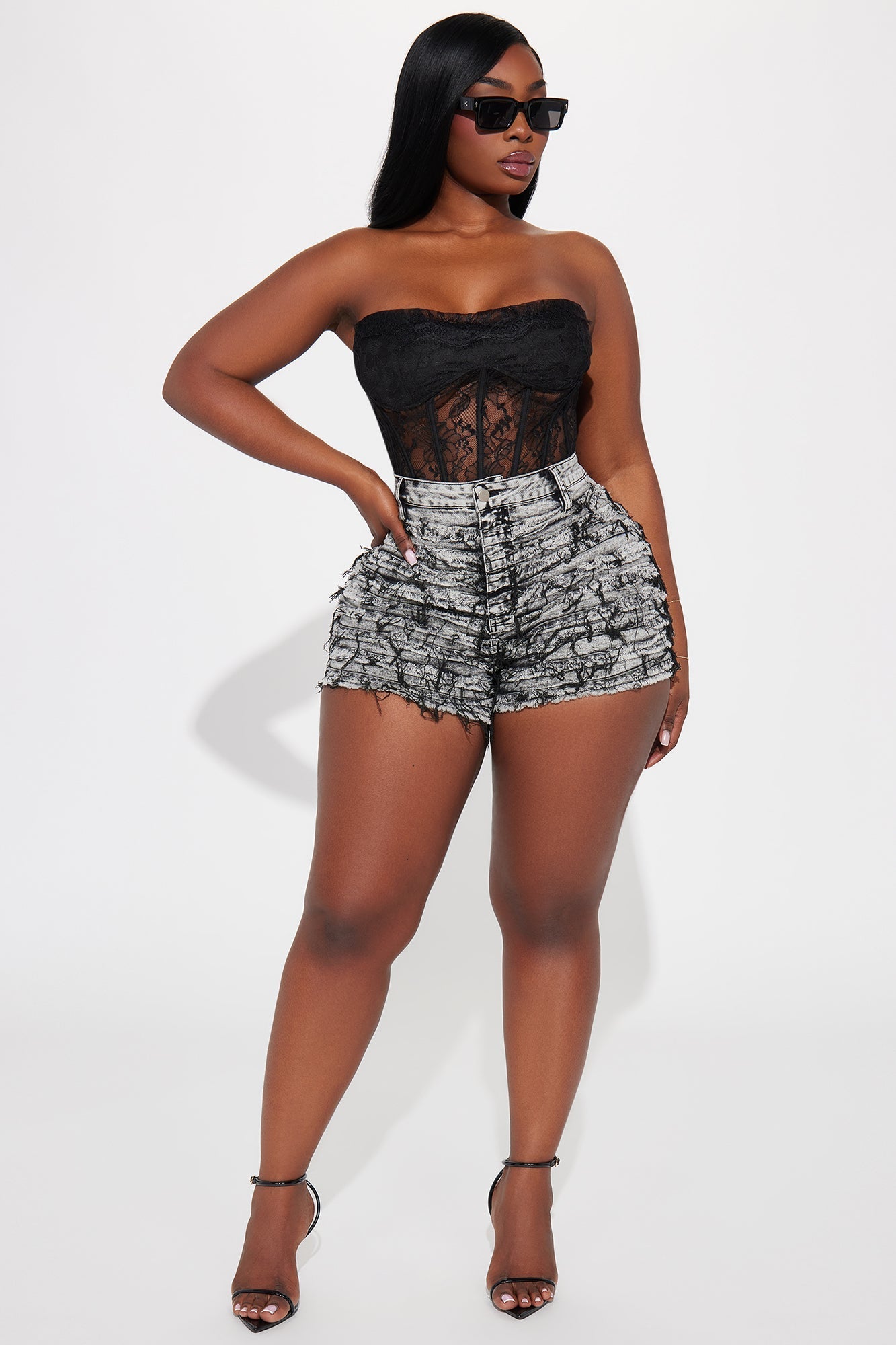 Onto The Next Shredded Stretch Denim Shorts - Grey