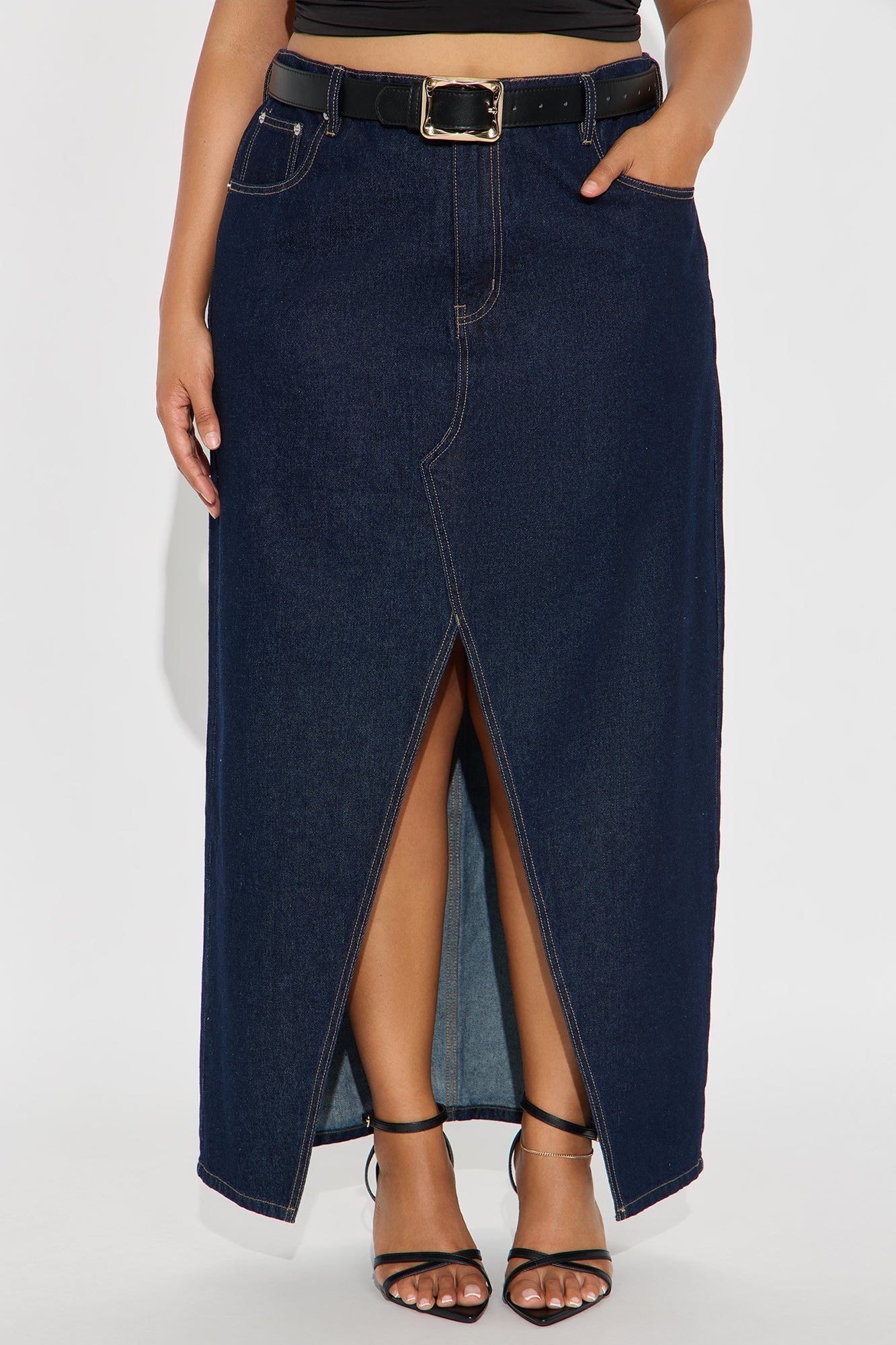 Miranda Denim Front Slit Midi Skirt - Dark Wash