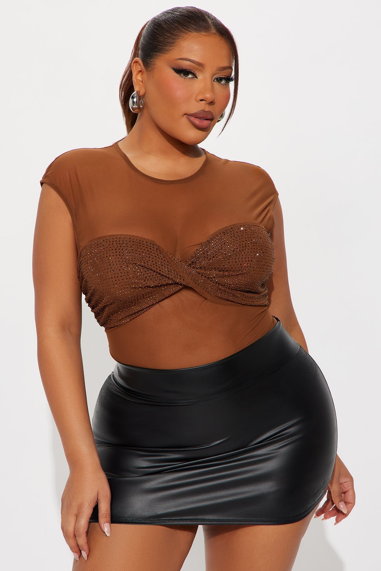 Miss Radiant Rhinestone Mesh Baby Tee - Chocolate