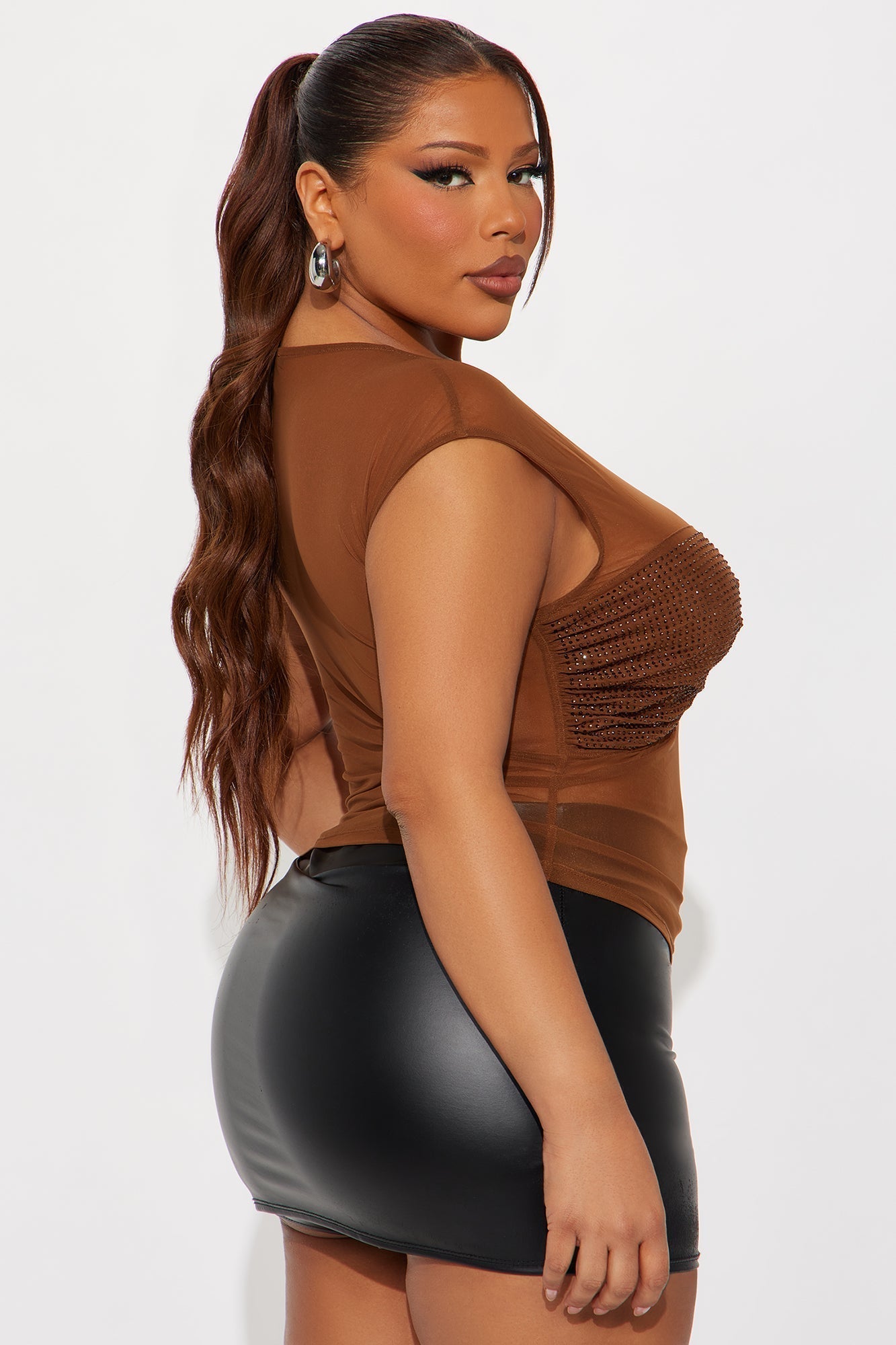 Miss Radiant Rhinestone Mesh Baby Tee - Chocolate
