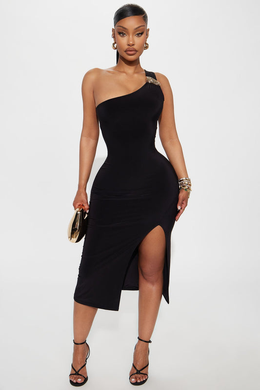 Olivia One Shoulder Sleeveless Midi Dress - Black