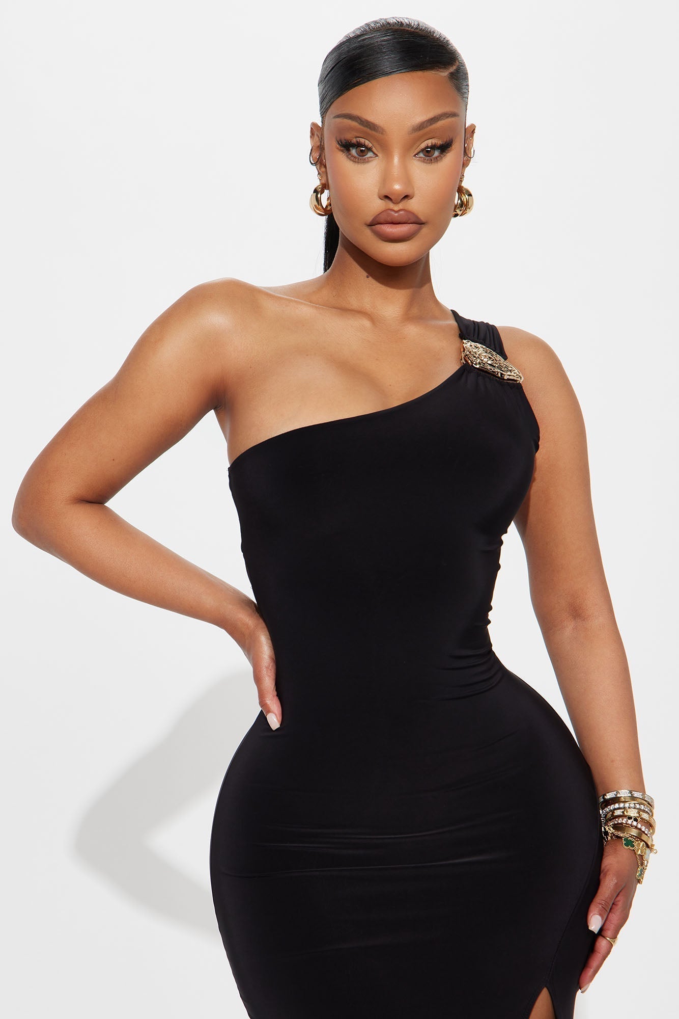 Olivia One Shoulder Sleeveless Midi Dress - Black