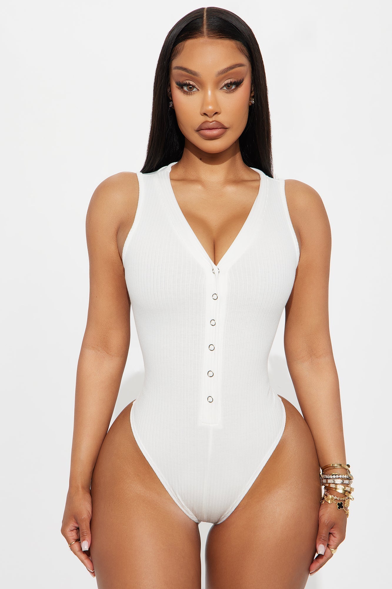 Set Free Deep V-Neck Bodysuit - White