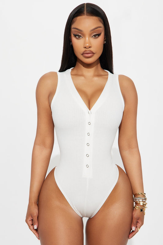 Set Free Deep V-Neck Bodysuit - White