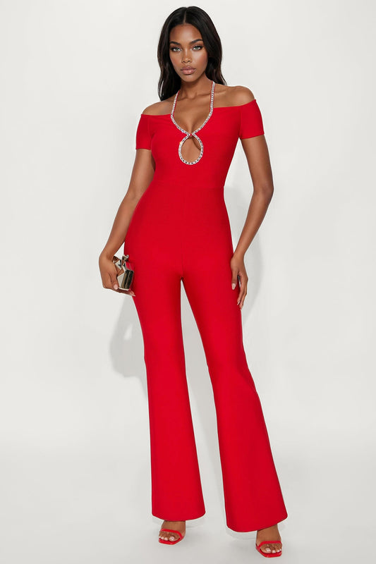 Sienna Bandage Off Shoulder Jumpsuit - Red