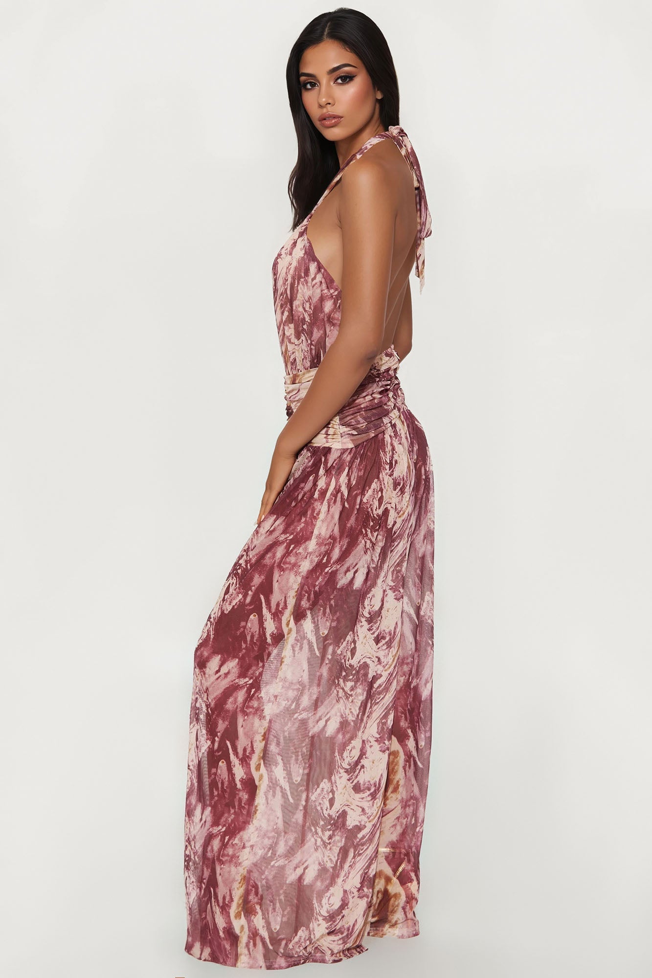 Dianna Mesh Halter Jumpsuit - Brown