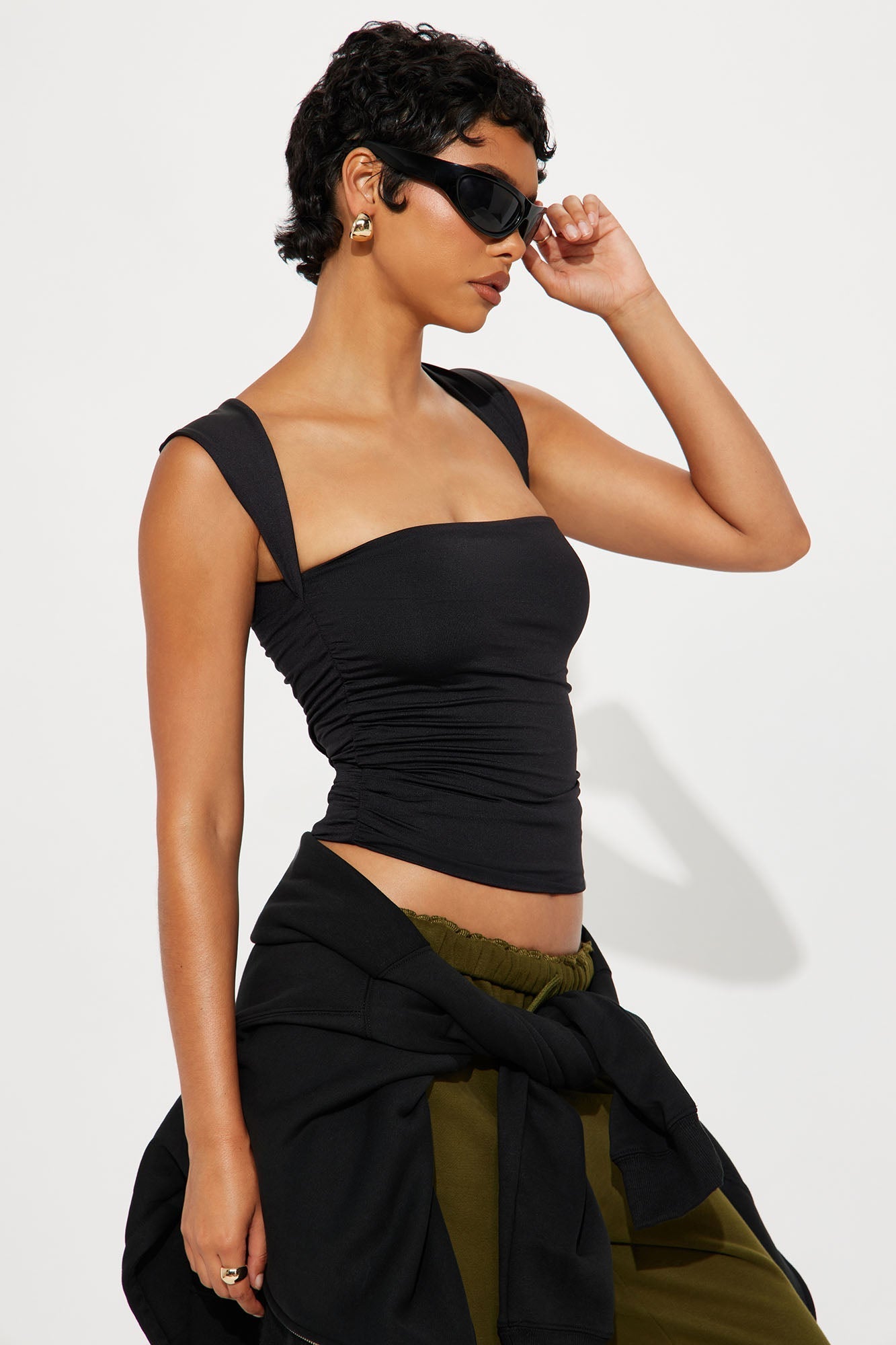 Contour Double Lined Straight Neck Tank Top - Black