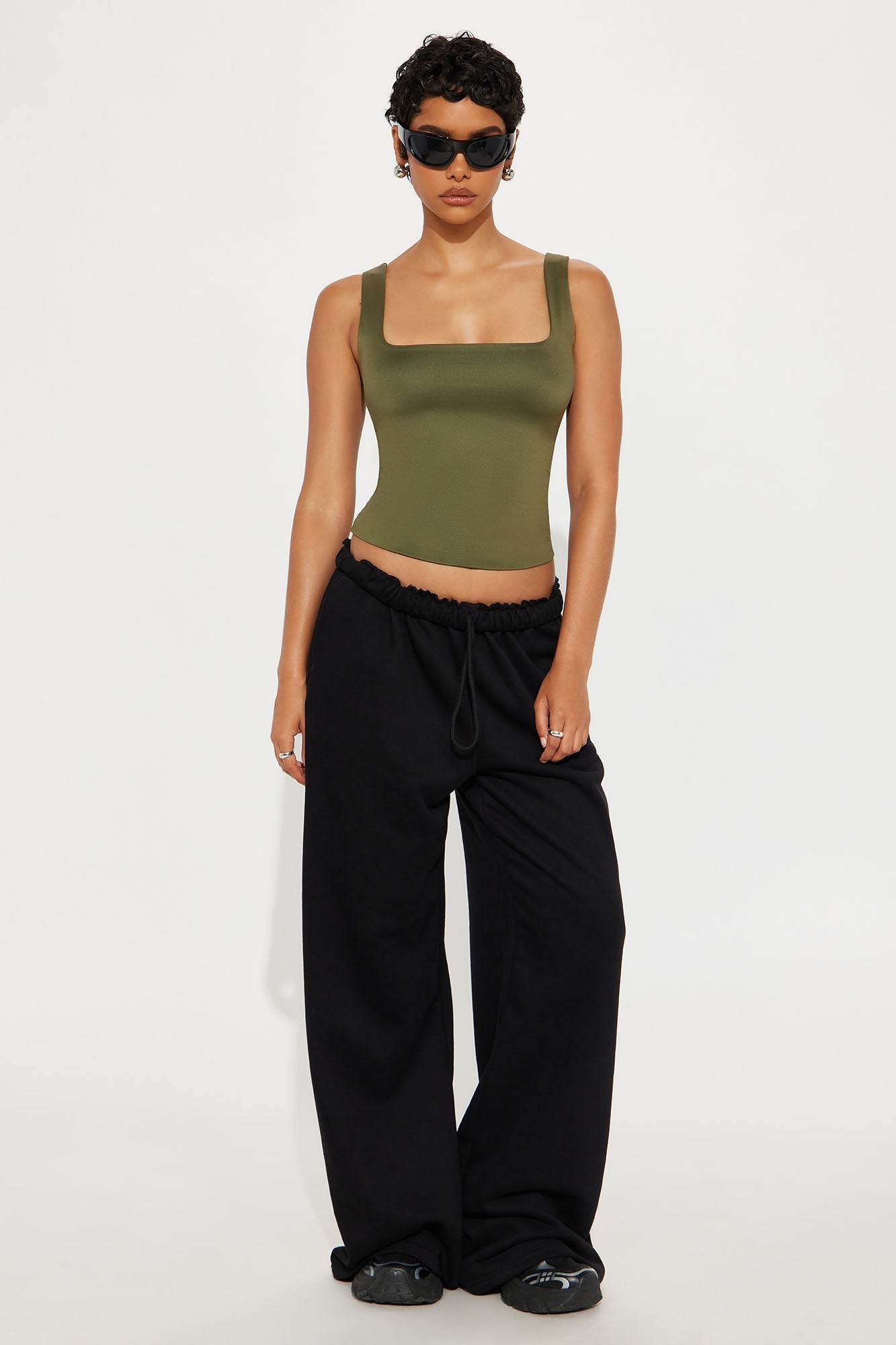 Contour Double Lined Square Neck Tank Top - Military Green
