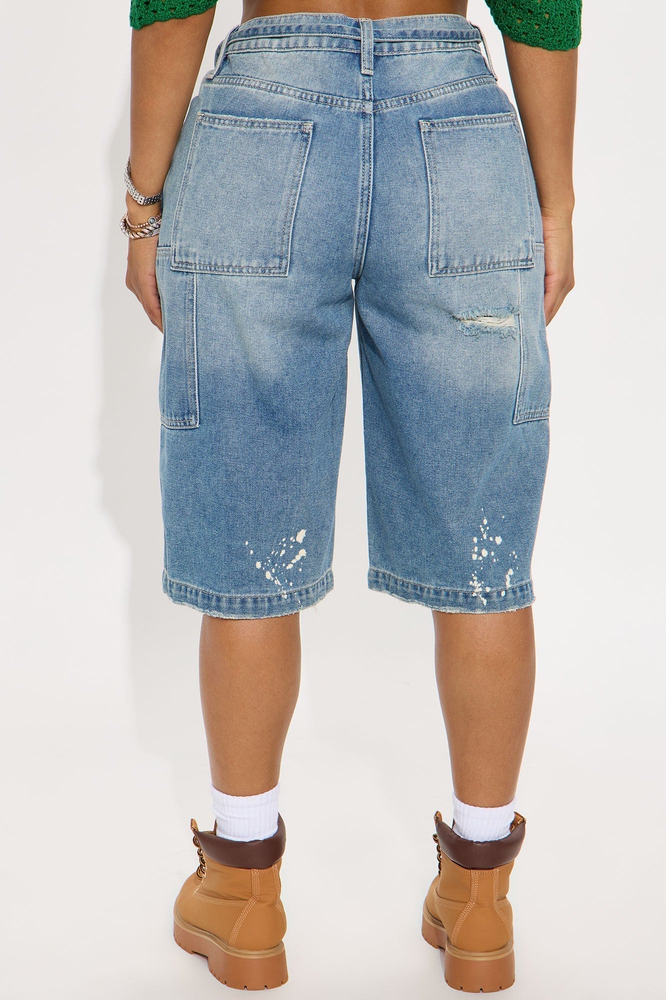 Ripped Bleached Denim Jorts - Medium Wash