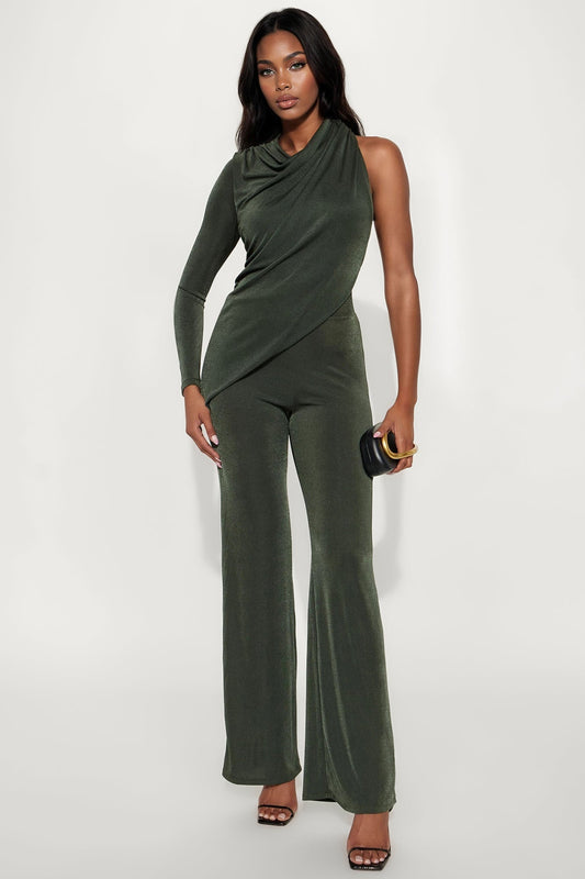 Rebecca One Shouder Draped Jumpsuit - Dark Olive