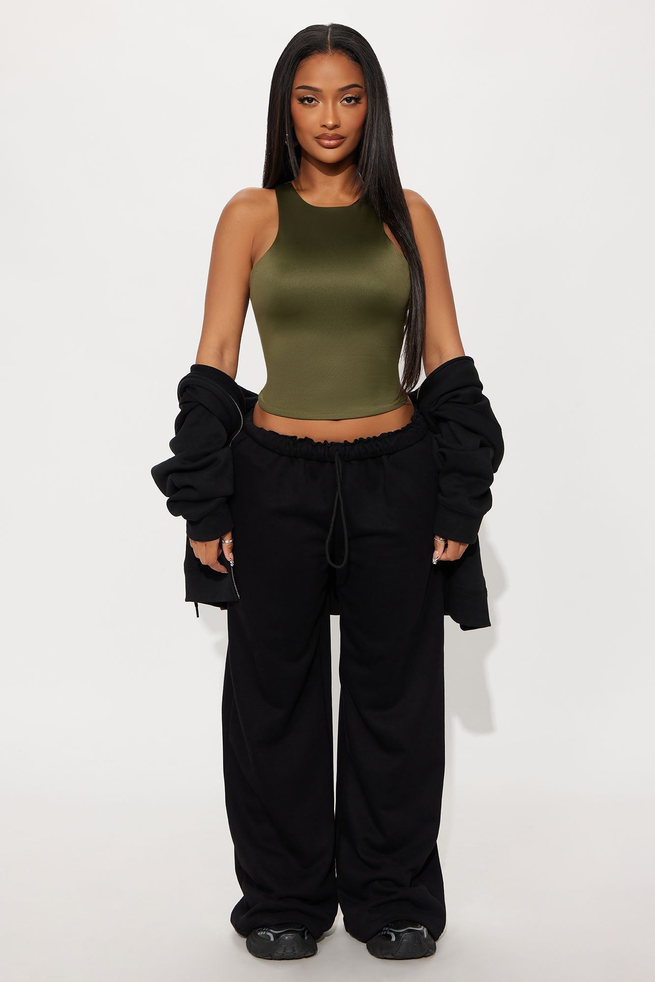 Contour Double Lined High Neck Tank Top - Military Green
