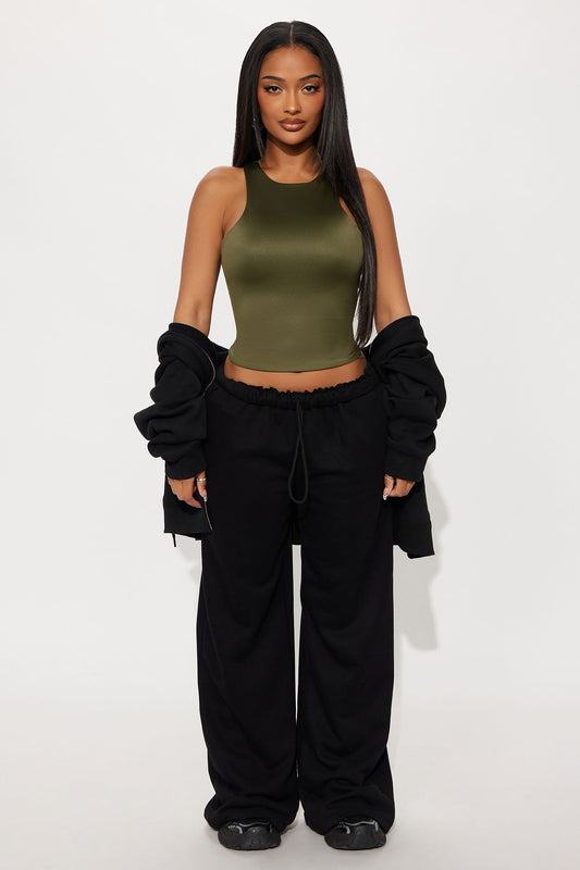 Contour Double Lined High Neck Tank Top - Military Green