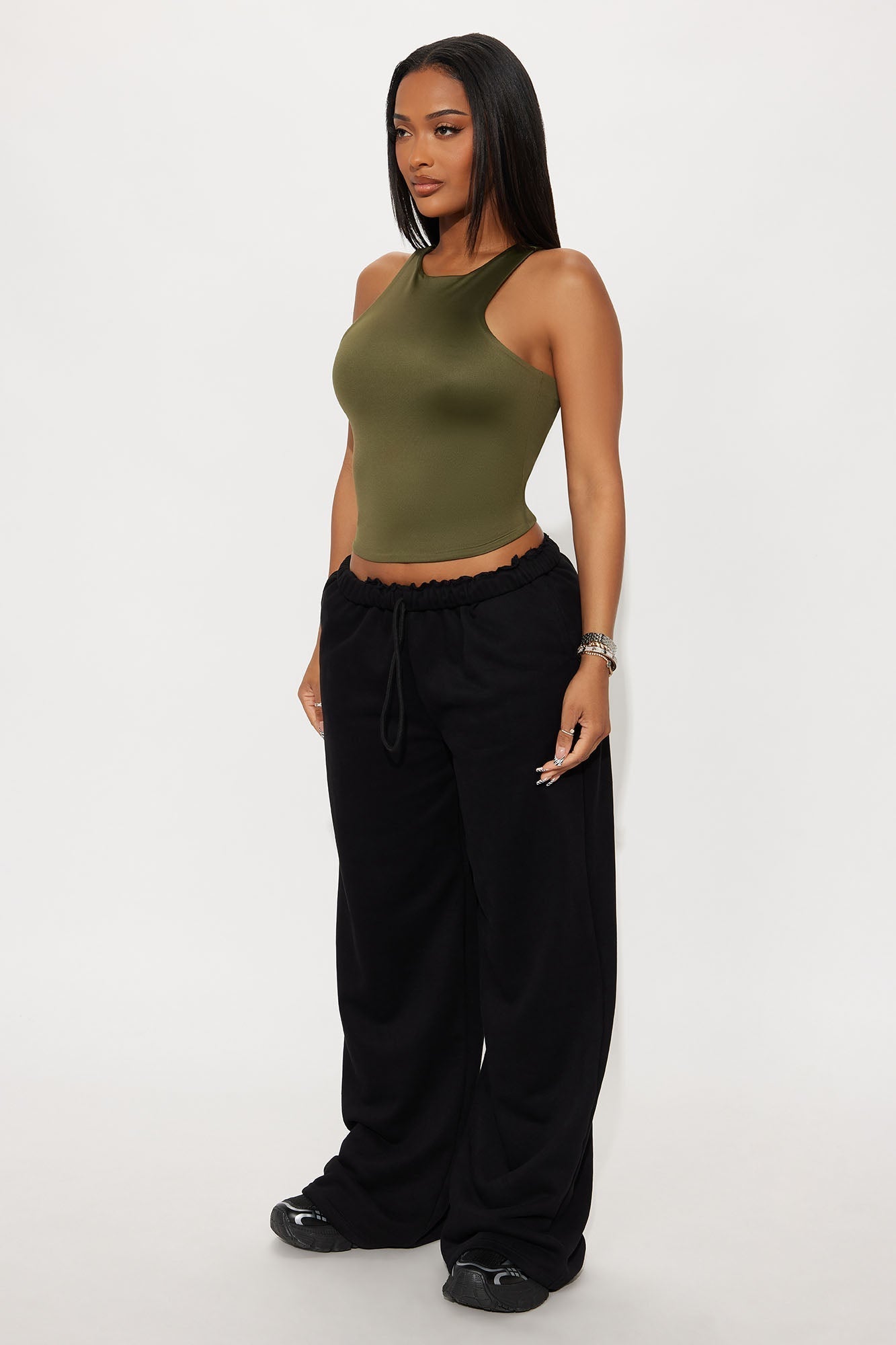 Contour Double Lined High Neck Tank Top - Military Green
