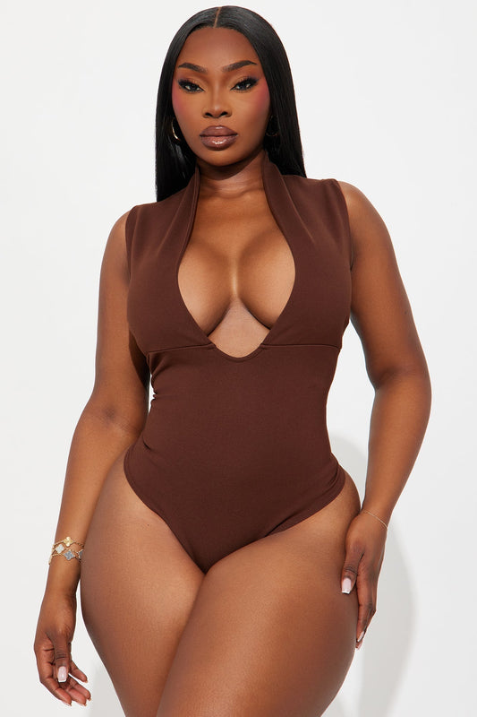 Rayna Deep V Neck Bodysuit - Brown