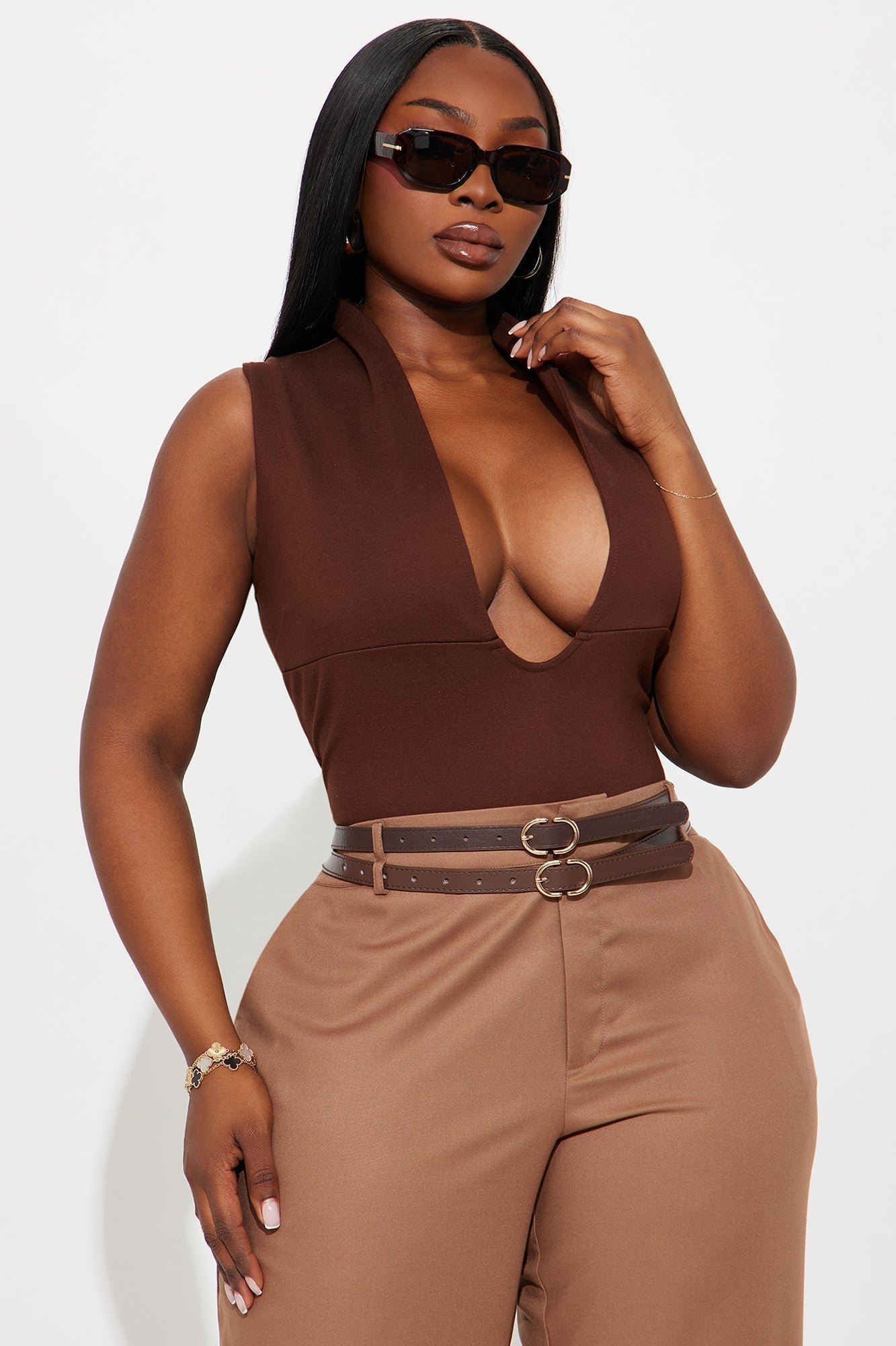Rayna Deep V Neck Bodysuit - Brown
