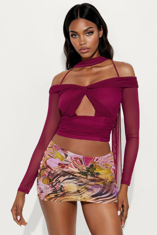 Crimson Mesh Top And Scarf 2 Piece Set - Burgundy