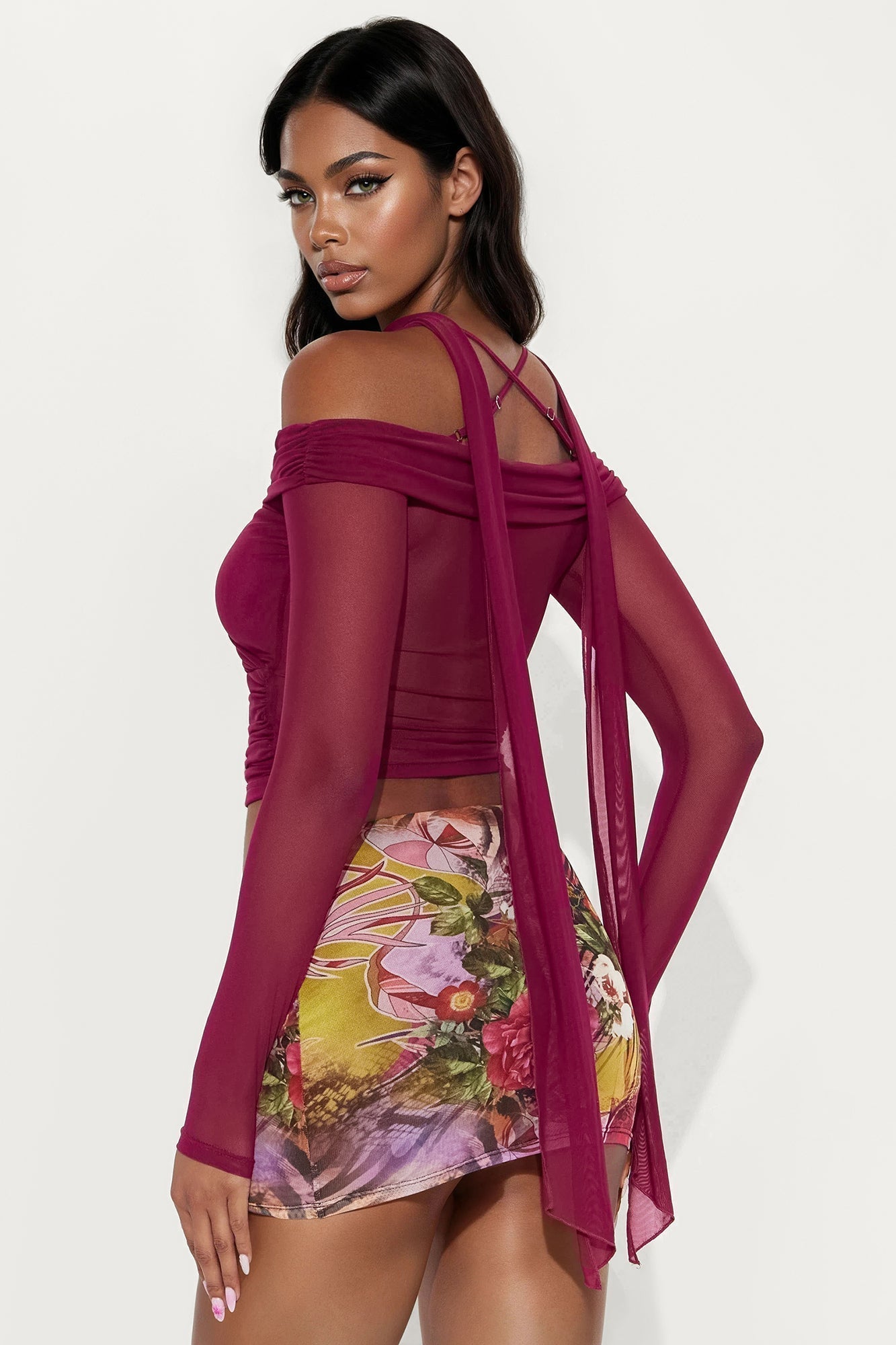 Crimson Mesh Top And Scarf 2 Piece Set - Burgundy