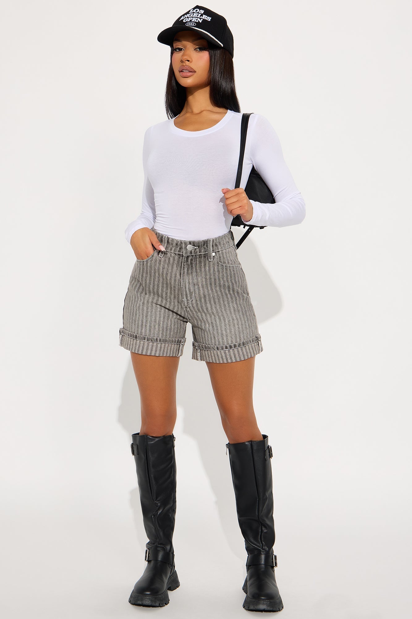 Catch Up Stripe Cuffed Denim Shorts - Grey