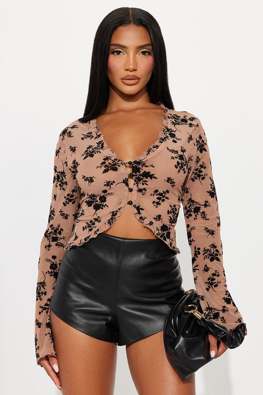 Marlee Mesh Button Up Top - Tan/Multi