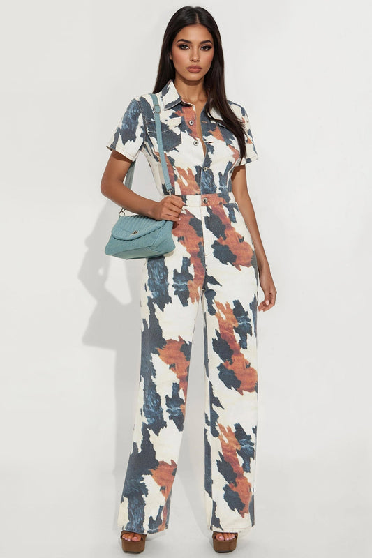 Candace Button Up Twill Jumpsuit - Navy/combo