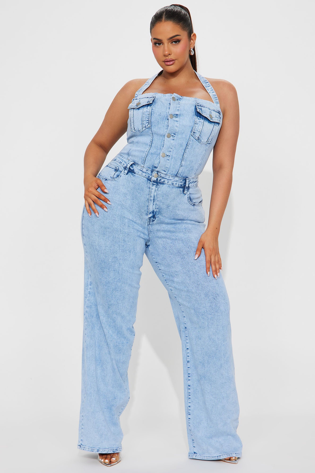Stay Around Denim Jumpsuit - Light Wash