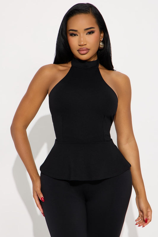 Fleur Ponte Peplum Halter Top - Black