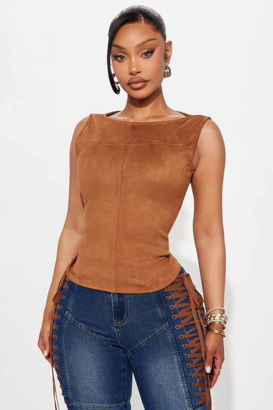 Ori High Neck Faux Suede Top - Camel