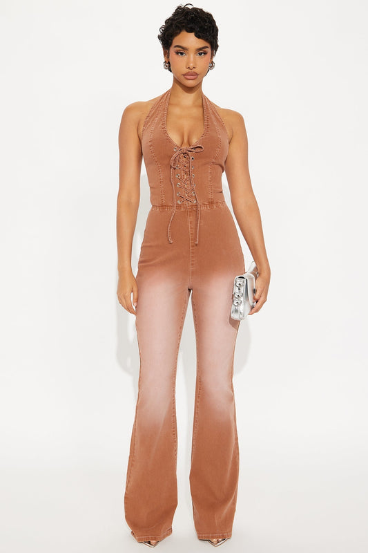 Eliza Washed Denim Jumpsuit - Camel