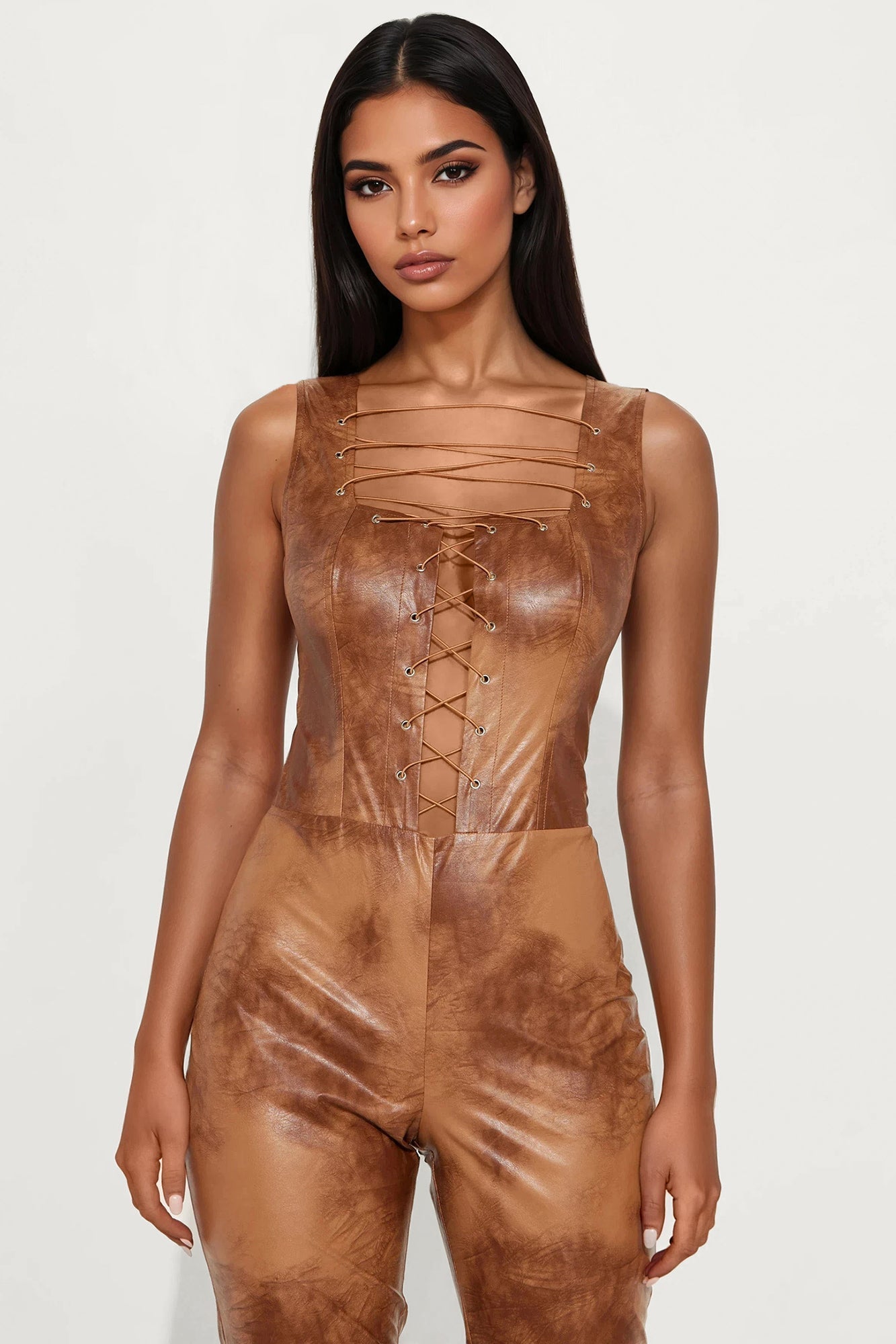 Klarissa Faux Leather Lace Up Jumpsuit - Brown