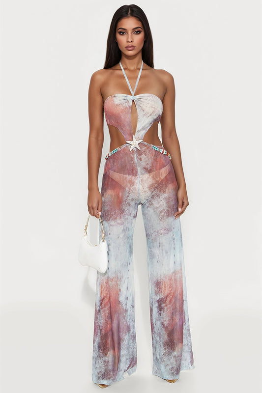 Lexi Mesh Halter Jumpsuit - Blue/combo