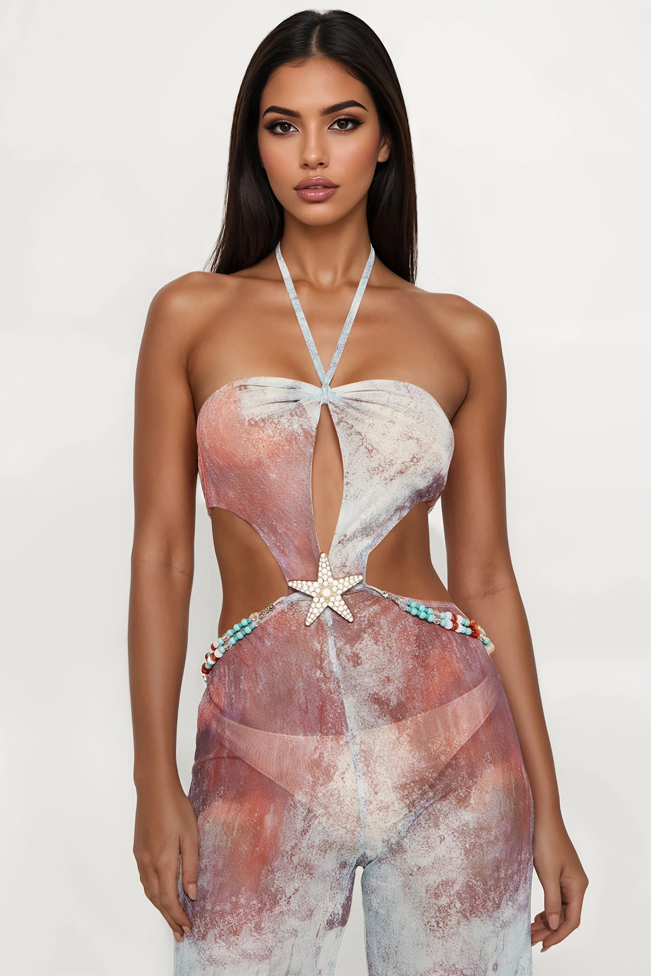 Lexi Mesh Halter Jumpsuit - Blue/combo
