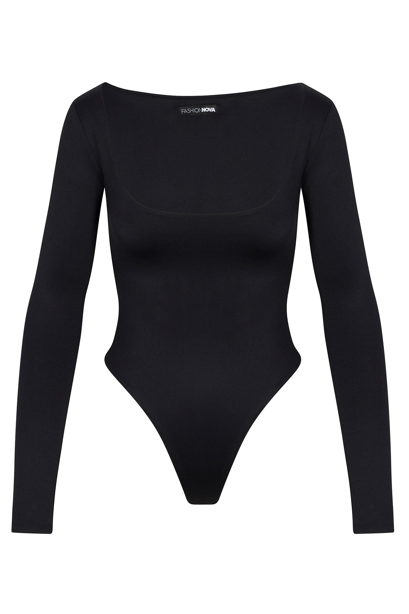 Contour Double Lined Long Sleeve Wide Scoop Neck Bodysuit - Black
