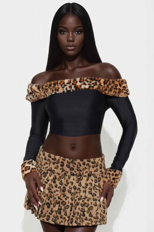 Romy Fur Trim Off Shoulder Top - Black/combo