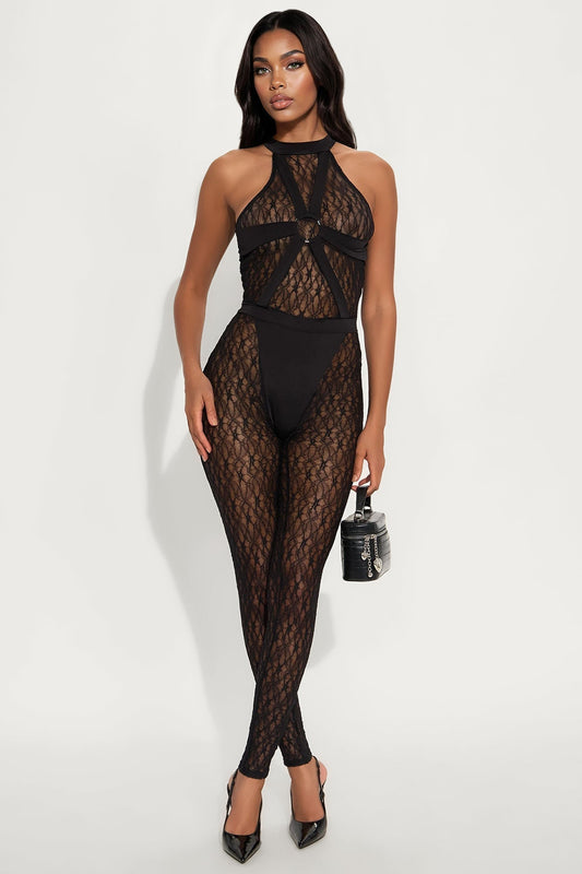 Feeling Secure Sheer Lace Jumpsuit - Black