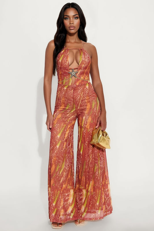 Cabana Mode Mesh Jumpsuit - Rust/combo