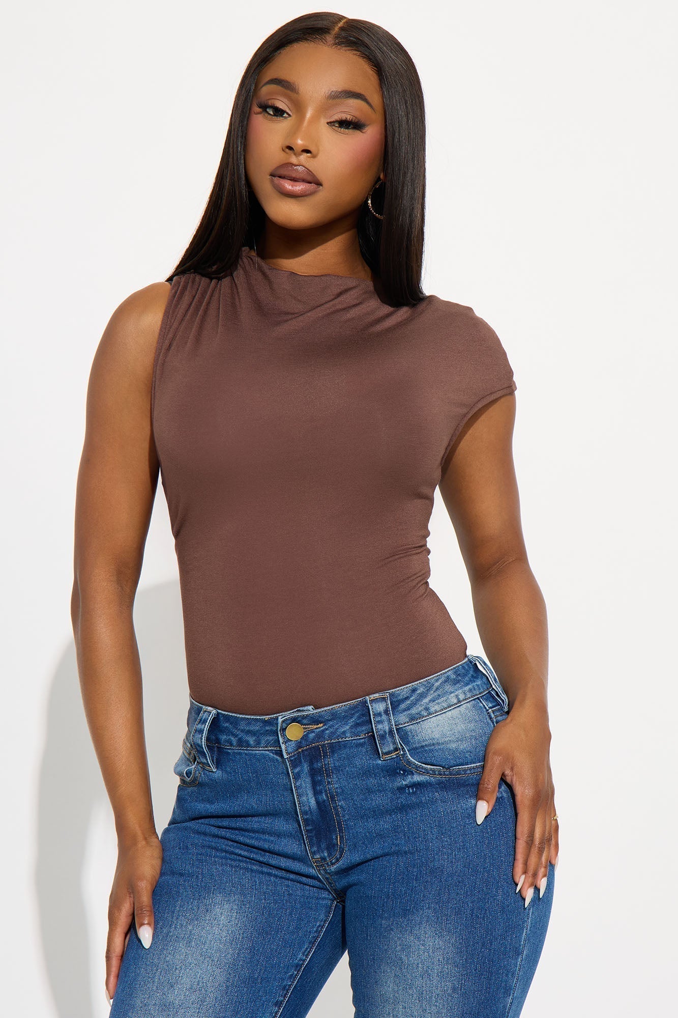 Lucy Ruched High Neck Bodysuit - Chocolate