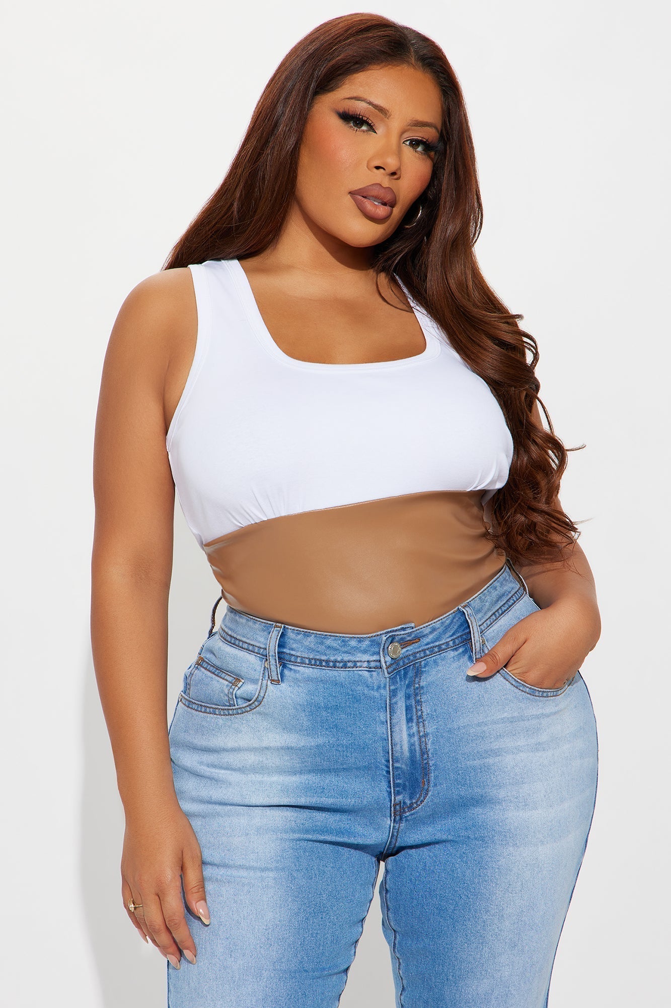 Flirt Fest Faux Leather Tank Top - Camel/combo