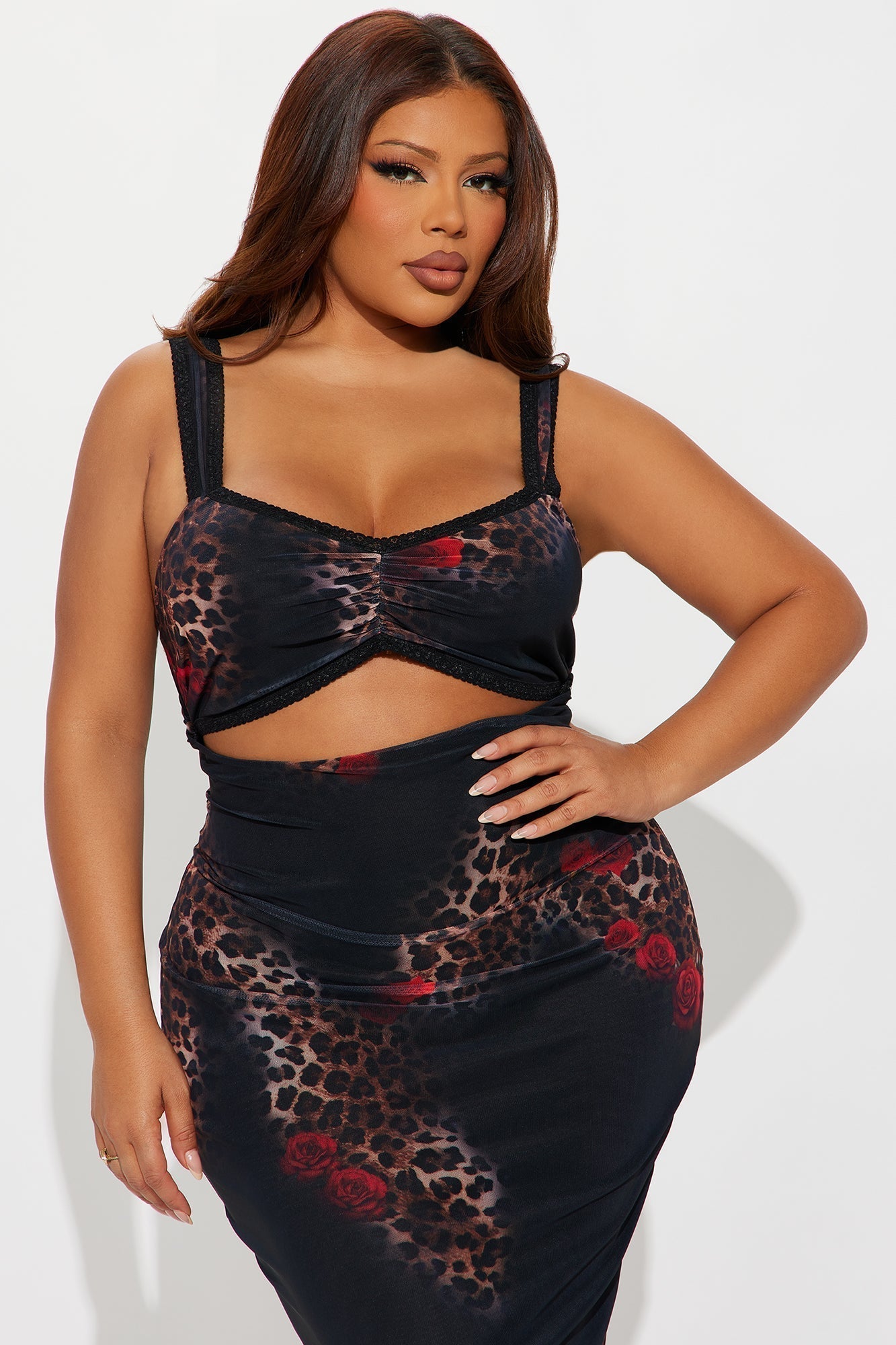 Andrea Animal Floral Mesh Midi Dress - Leopard