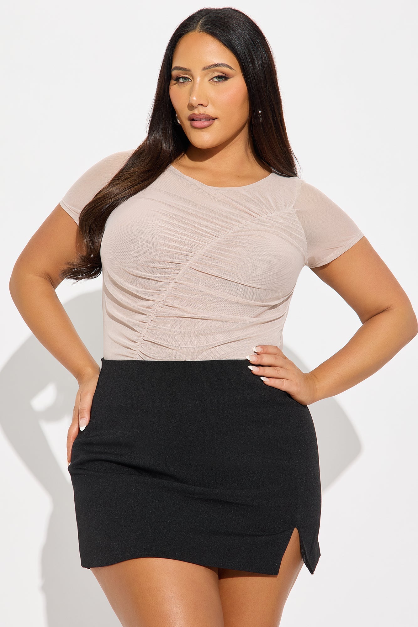 Ruched Short Sleeve Mesh Top - Stone