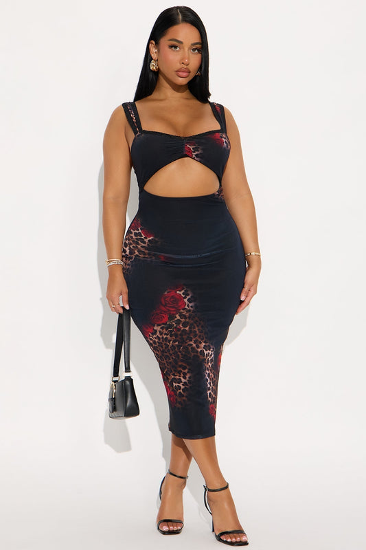 Andrea Animal Floral Mesh Midi Dress - Leopard