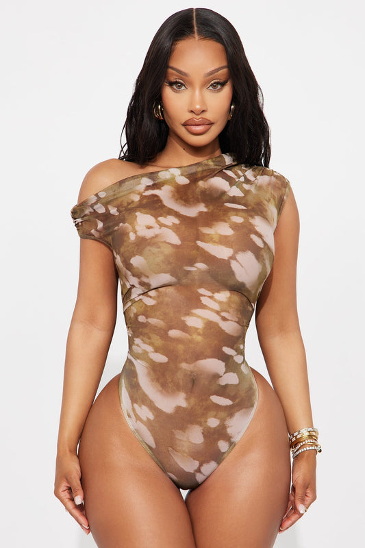 Cameron Ruched Mesh Off Shoulder Bodysuit - Green/combo